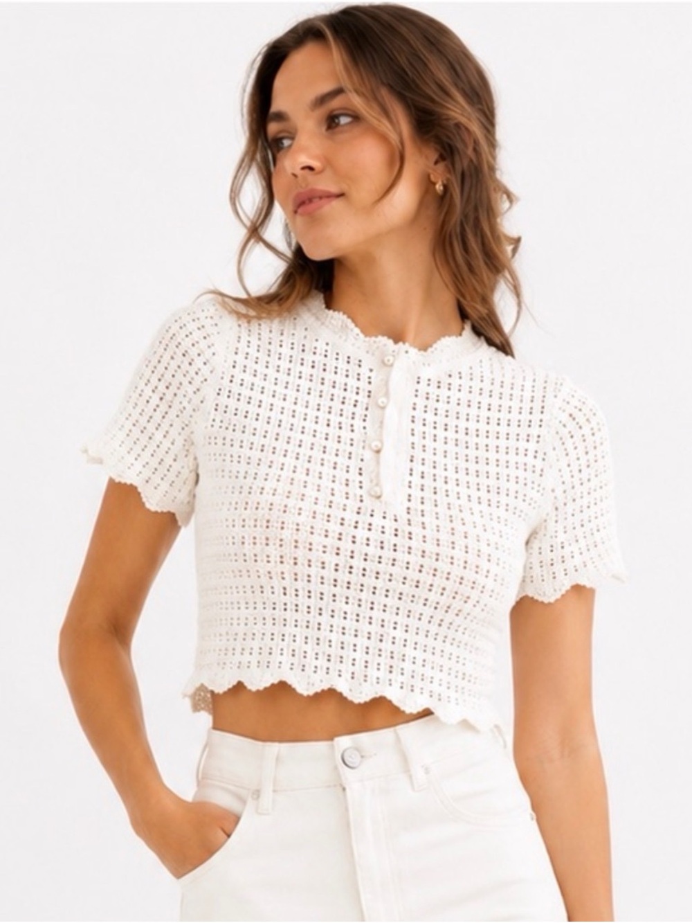 NWT SANDRO White Pearl Crochet Open Knit Short Sleeve Crop Top Size 2 - Picture 1 of 12